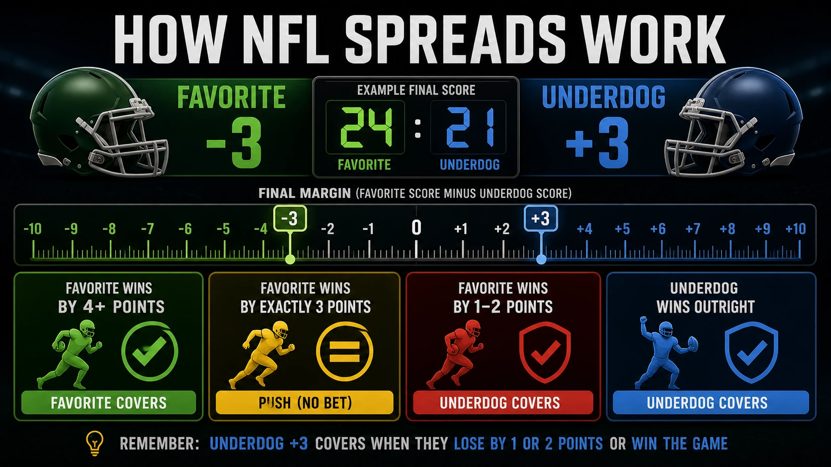 Diagram showing how a minus-three NFL favorite and plus-three underdog settle against the final margin