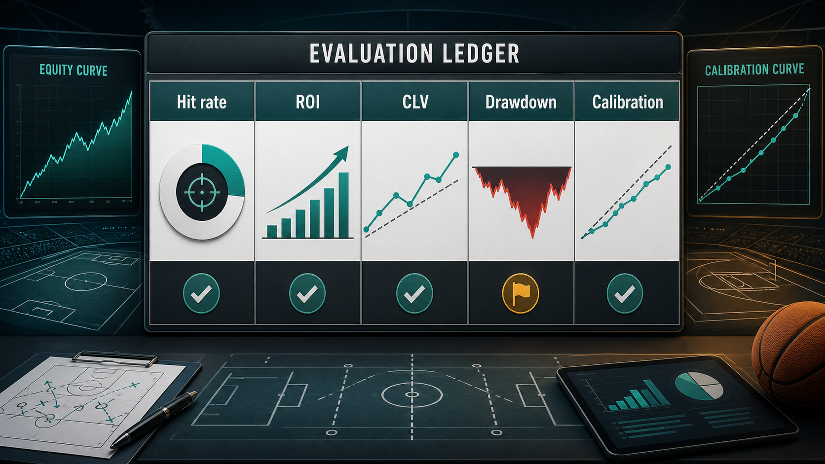Explainer diagram showing model evaluation metrics for CLV, ROI, calibration, drawdown, streaks, and confidence buckets