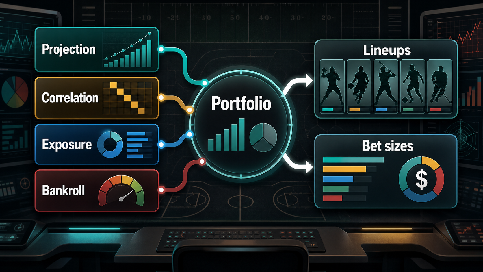 Explainer diagram showing bet sizing and DFS portfolio controls for bankroll, Kelly sizing, MILP optimization, exposure, and correlation