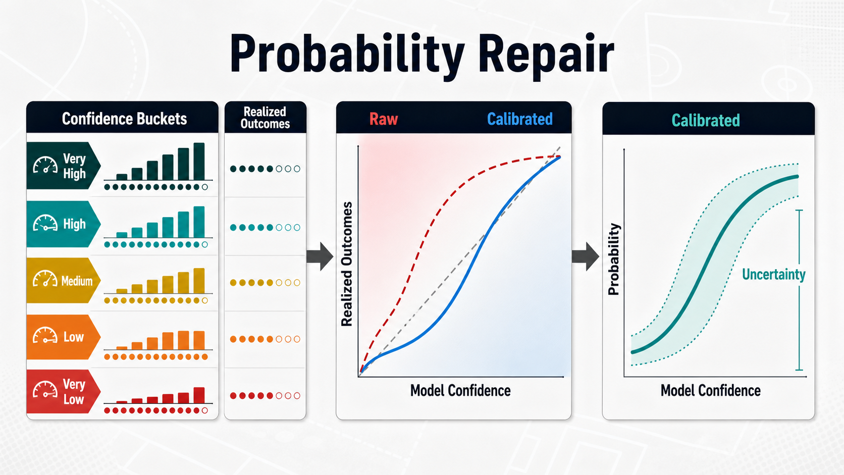 Explainer diagram showing probability calibration methods aligning predicted confidence buckets with realized outcomes