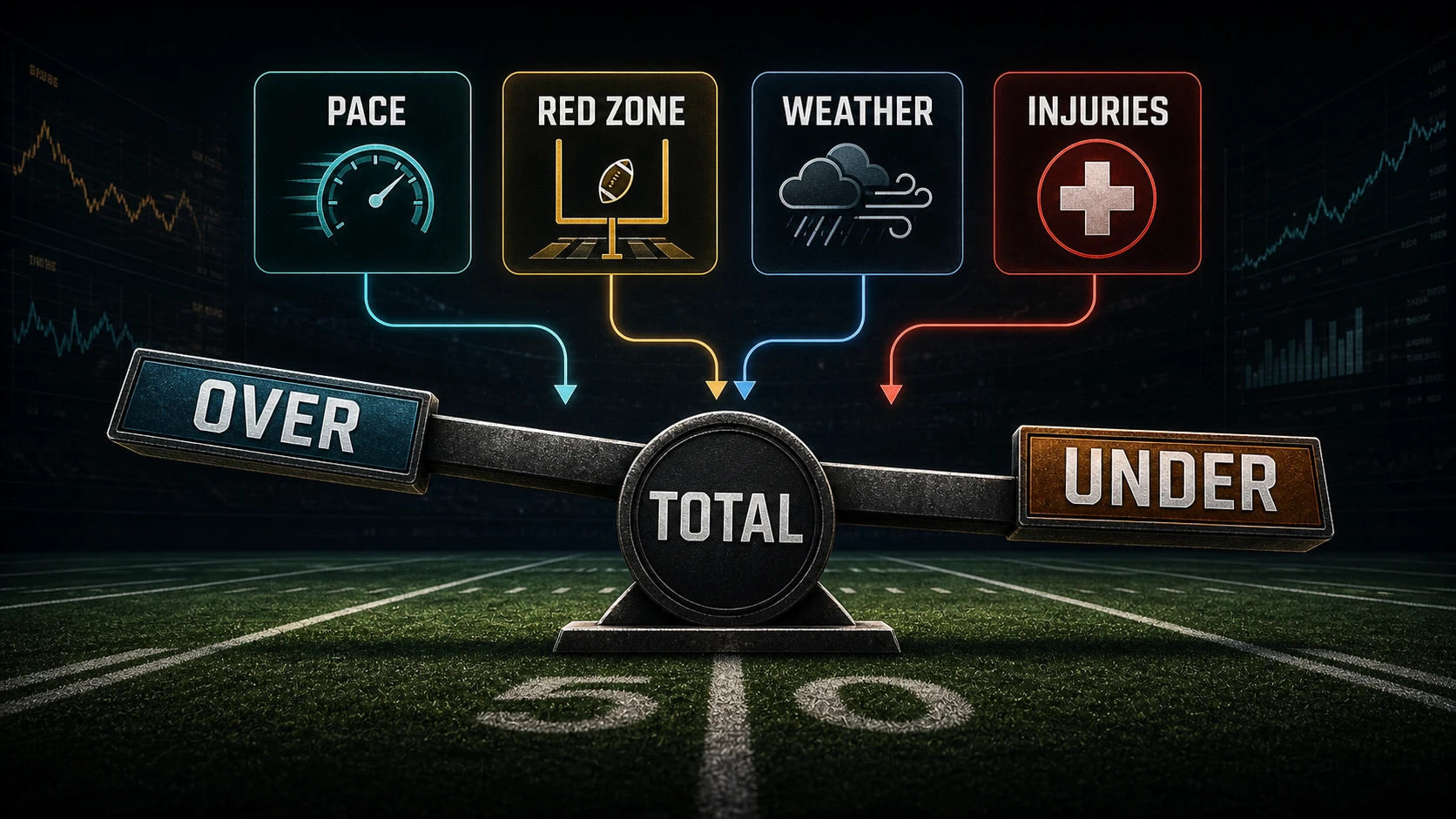 Diagram showing NFL totals inputs feeding an over under projection balance