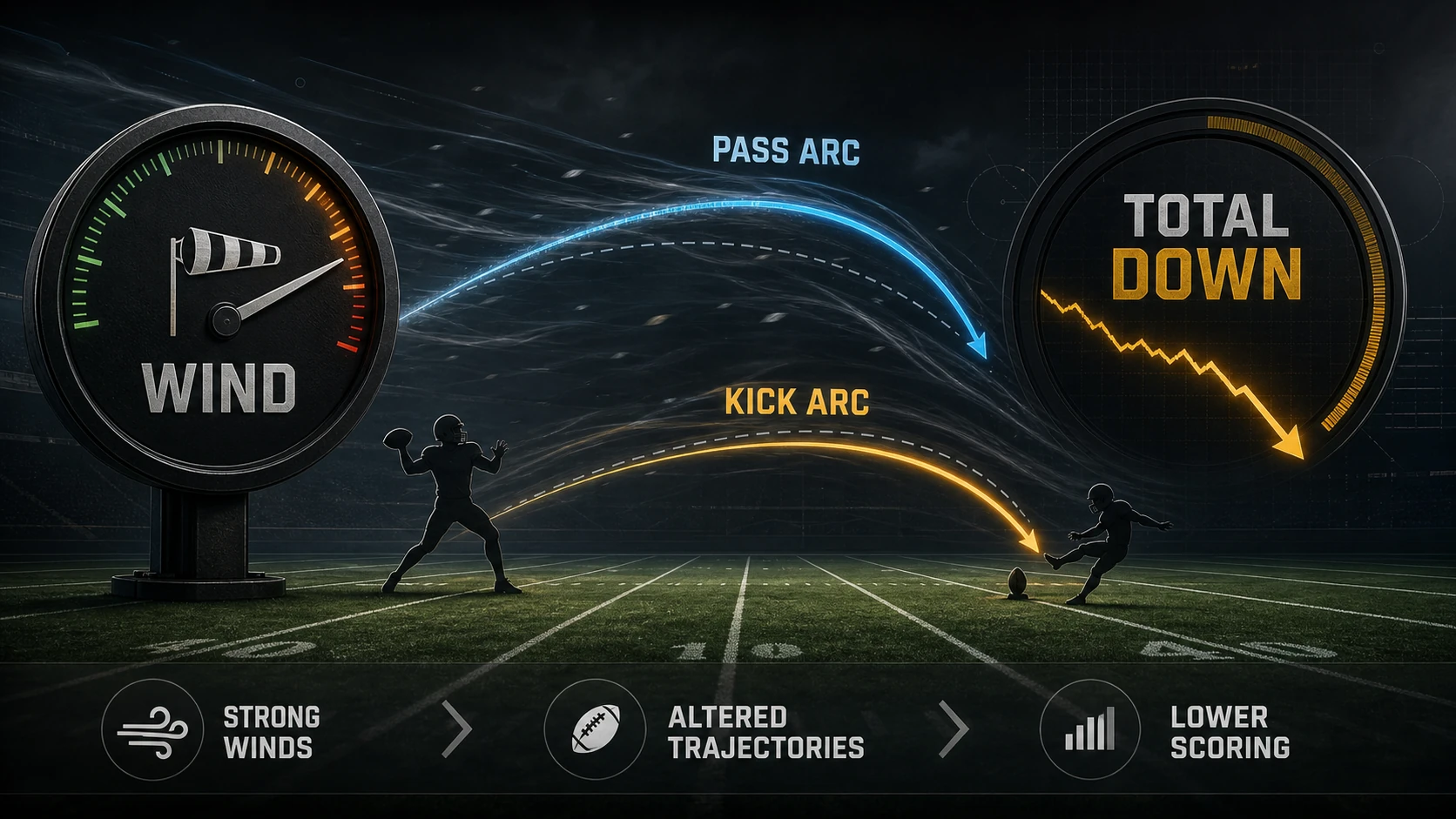 Diagram showing weather factors affecting NFL passing, kicking, and totals projections