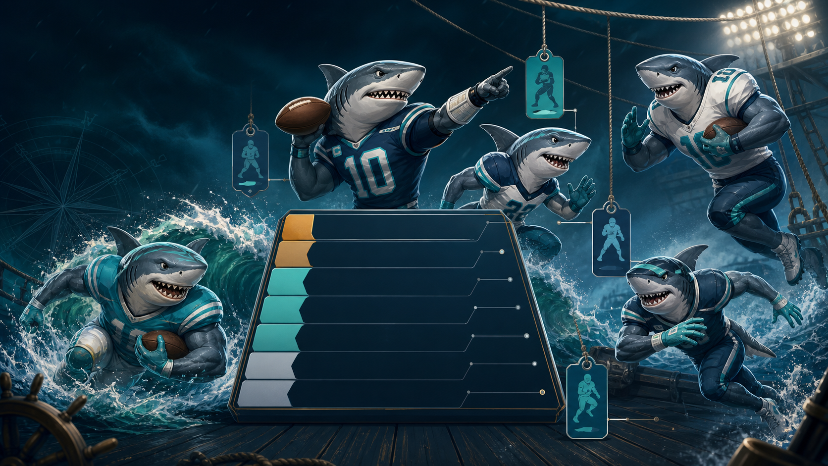 Shark-themed nautical rookie football caricature artwork surrounding a fantasy rankings tier board
